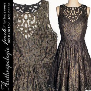 NWT Anthro Gold/Black Shimmering Lace Cocktail Dress By Frock Tracy Reese Size 6